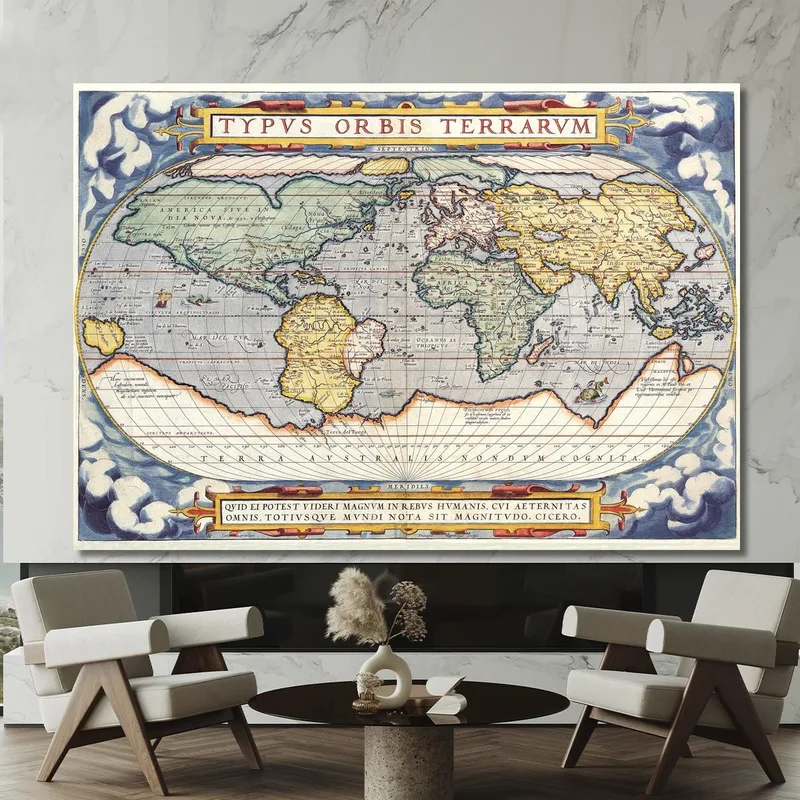 Quadro Mappa Del Mondo Antica Con Design Rinascimentale E Dettagli Decorativi