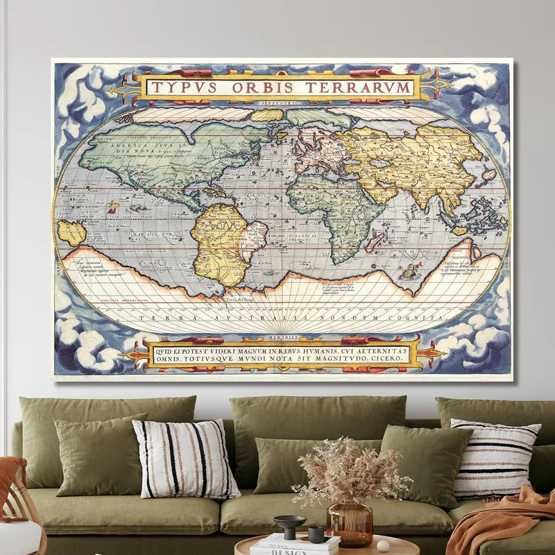 Quadro Mappa Del Mondo Antica Con Design Rinascimentale E Dettagli Decorativi