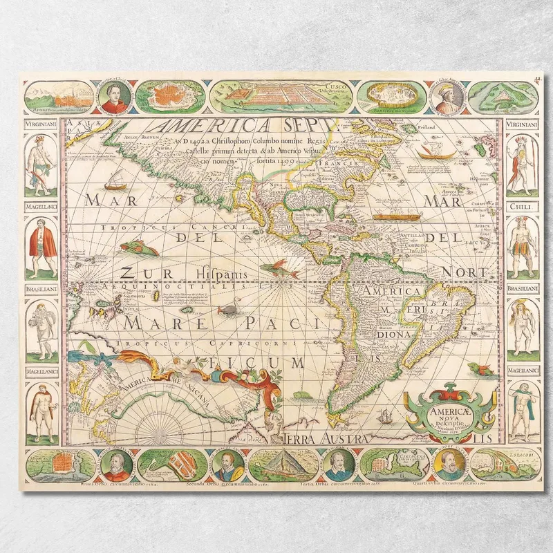 Quadro Mappa Del Mondo Antica Con Illustrazioni Storiche E Rotte Di Navigazione quadro stampa su tela