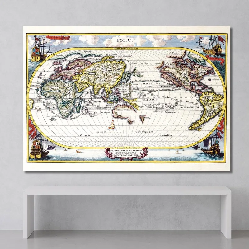Quadro Mappa Del Mondo Antica Con Navi E Rotte Di Esplorazione Storiche