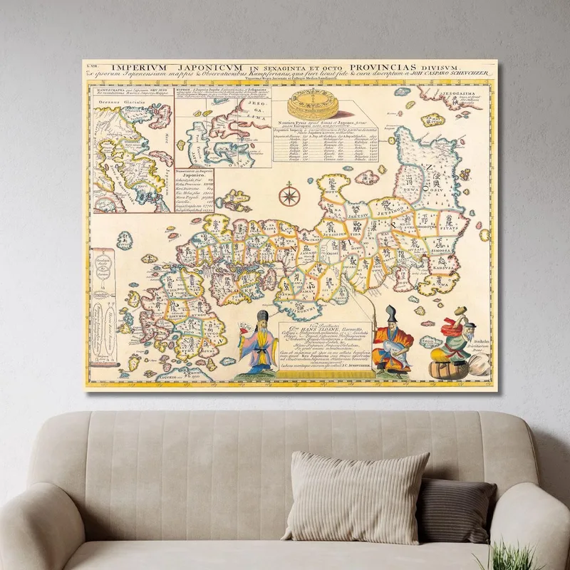 Painting Historical Map Of Japan With Regional Borders And Traditional Illustrations