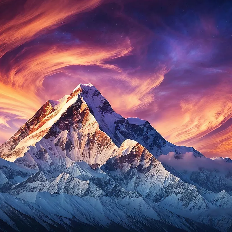 Quadro Montagne Maestosa Montagna Innevata Al Tramonto Con Cielo Drammatico E Nuvole Vivaci