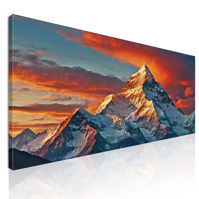 Berge-Sonnenuntergang-Gemälde, Das Majestätische Schneebedeckte Gipfel Beleuchtet drucken auf leinwand