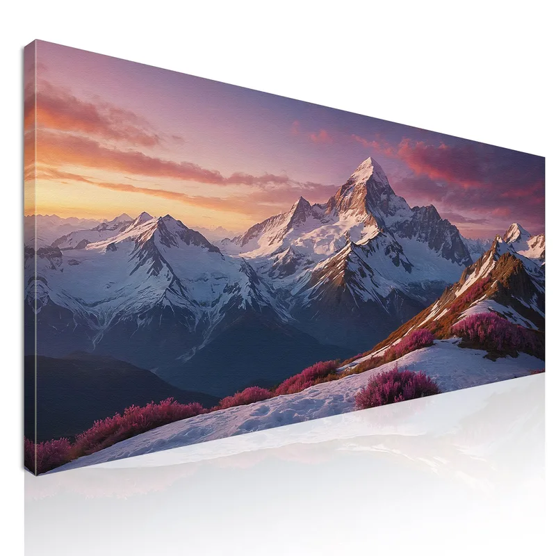 Leinwanddruck Berge Sonnenuntergang Über Den Schneebedeckten Bergen Mit Rosa Blumen drucken auf leinwand