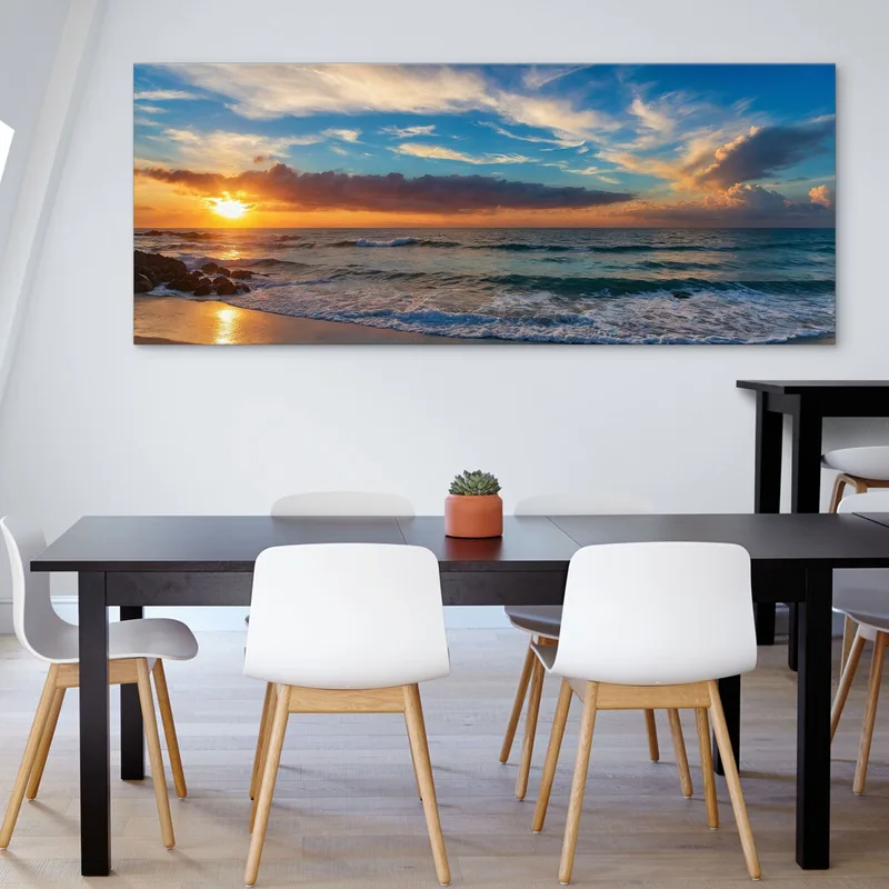 Peinture De Paysage Marin Coucher De Soleil Sur La Plage Avec Des Vagues Et Un Ciel Coloré