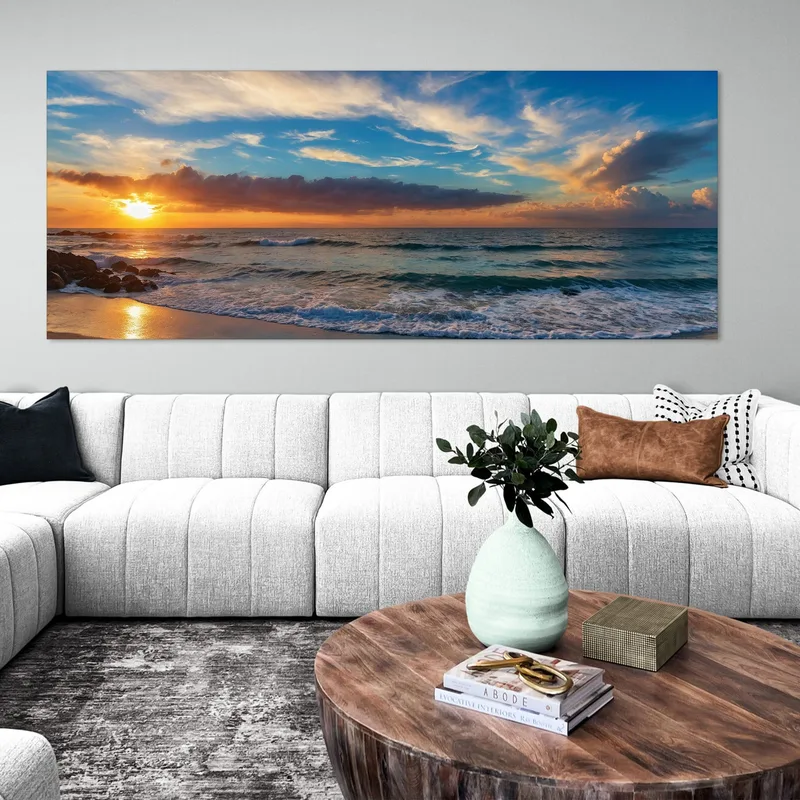 Peinture De Paysage Marin Coucher De Soleil Sur La Plage Avec Des Vagues Et Un Ciel Coloré