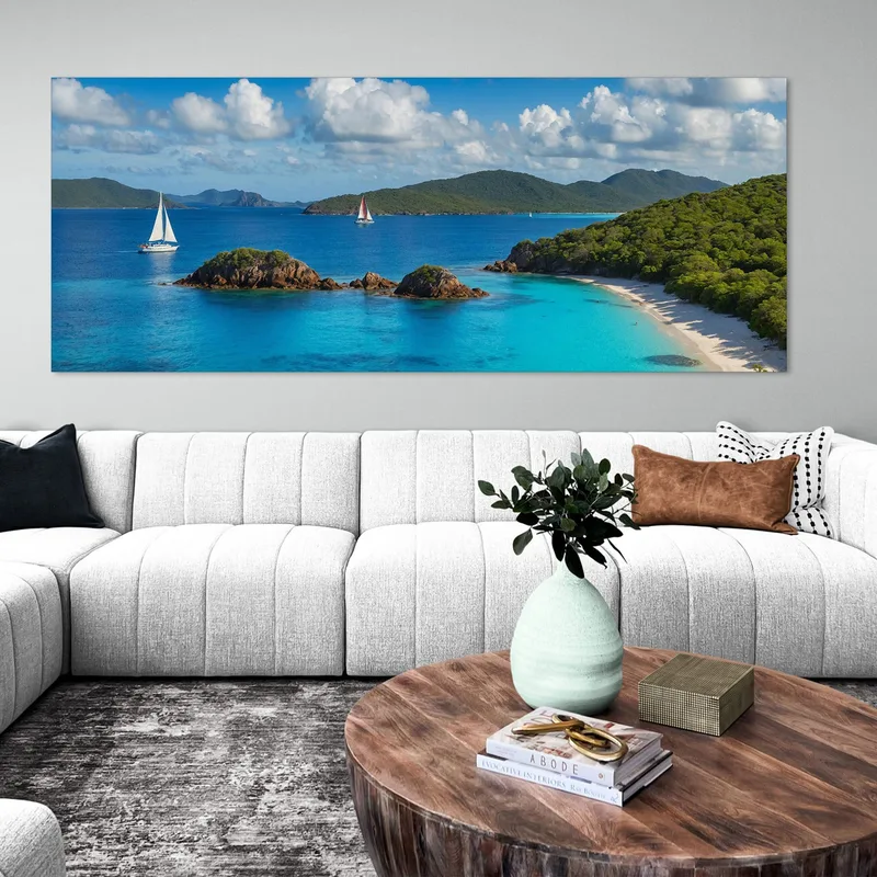 Quadro Paesaggio Mare Baia Tropicale Con Barche A Vela E Mare Blu