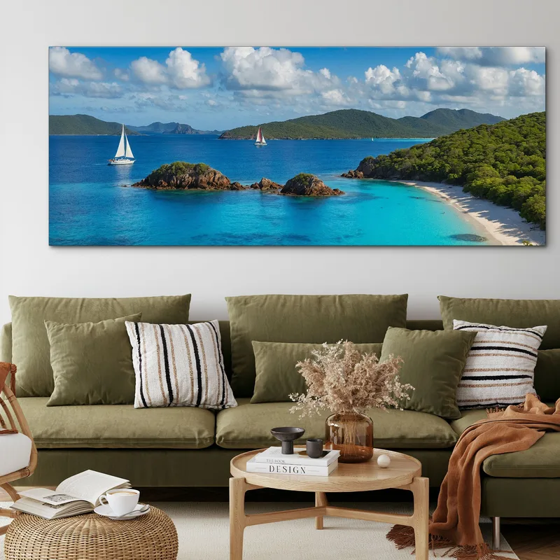 Quadro Paesaggio Mare Baia Tropicale Con Barche A Vela E Mare Blu