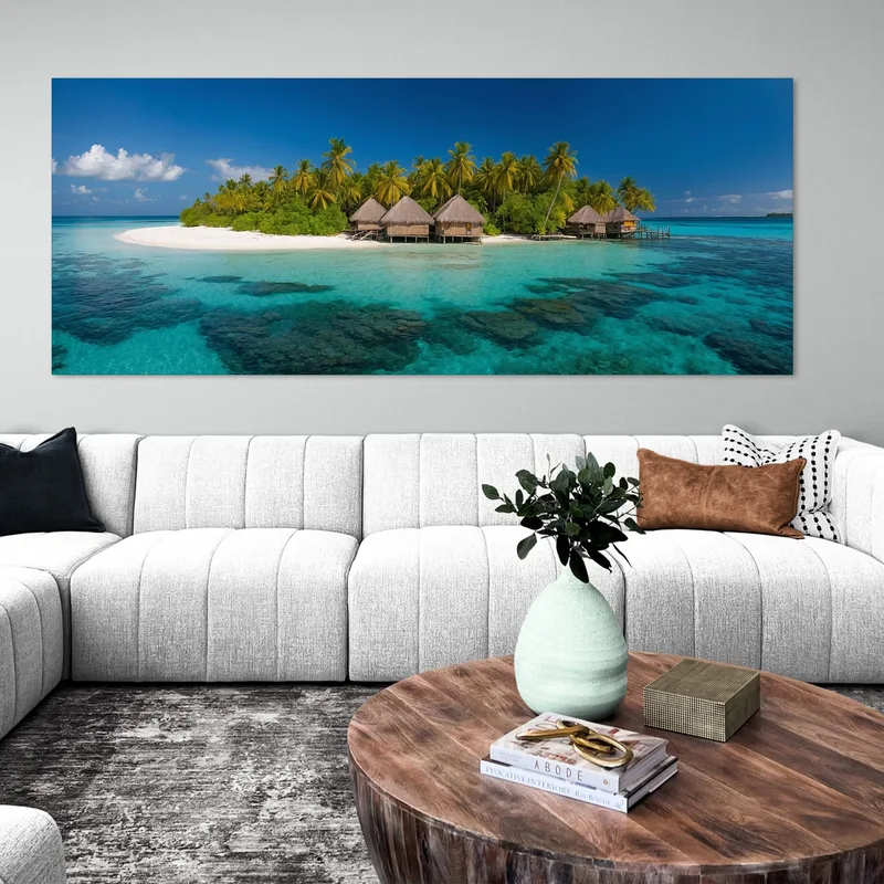 Quadro Paesaggio Mare Isola Tropicale Con Bungalow Su Acqua Turchese