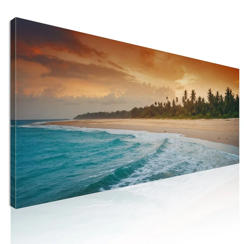 Quadro Paesaggio Mare Cielo Colorato E Palme Su Spiaggia Tropicale Al Tramonto quadro stampa su tela