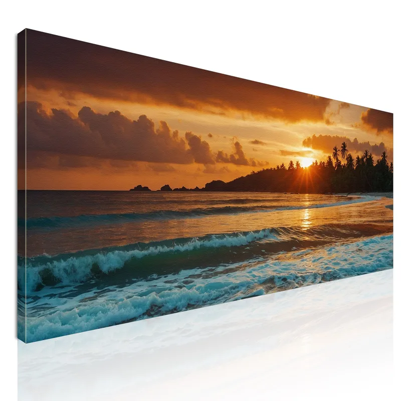 Quadro Paesaggio Mare Spiaggia Tropicale Al Tramonto Con Palme E Onde quadro stampa su tela