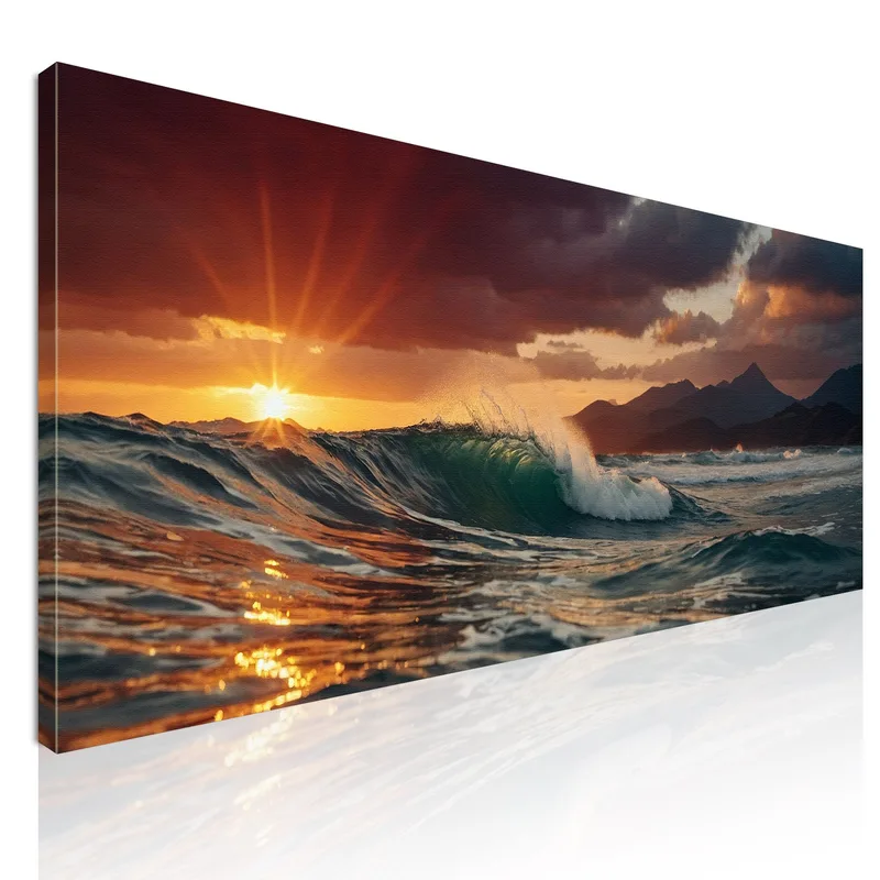 Quadro Paesaggio Mare Onde Al Tramonto E Montagne Maestose quadro stampa su tela