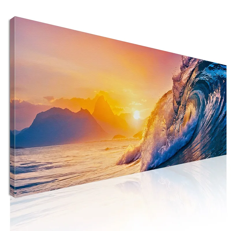 Quadro Paesaggio Mare Onde Al Tramonto Con Vista Montagne quadro stampa su tela