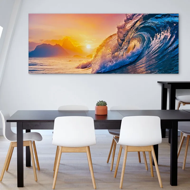 Quadro Paesaggio Mare Onde Al Tramonto Con Vista Montagne