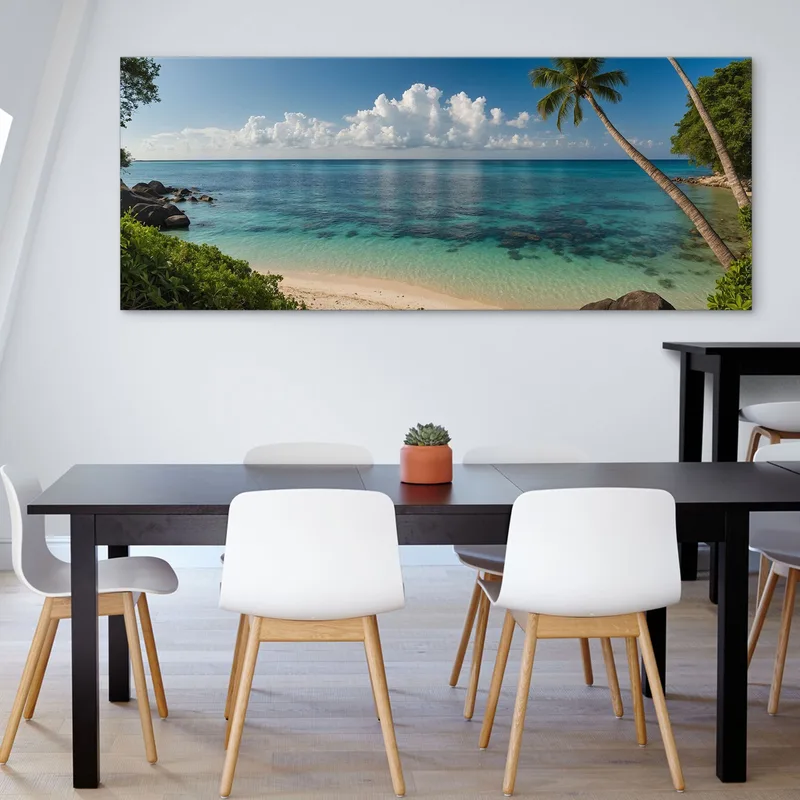 Quadro Paesaggio Mare Spiaggia Tropicale Tranquilla Con Mare Trasparente E Palme Rigogliose