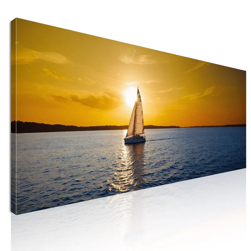 Quadro Paesaggio Mare Tramonto Dorato Con Barca A Vela In Mare quadro stampa su tela