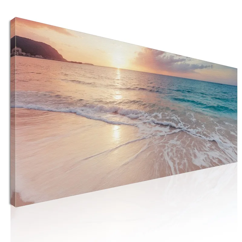 Quadro Paesaggio Mare Spiaggia Serene Al Tramonto Con Onde E Cielo Rosato quadro stampa su tela
