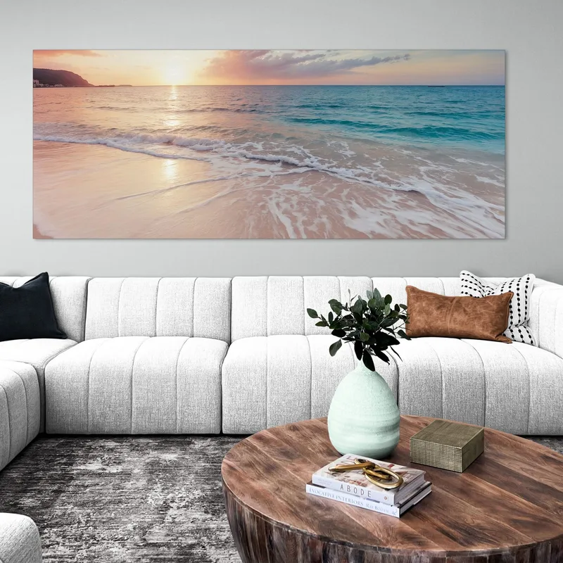 Quadro Paesaggio Mare Spiaggia Serene Al Tramonto Con Onde E Cielo Rosato