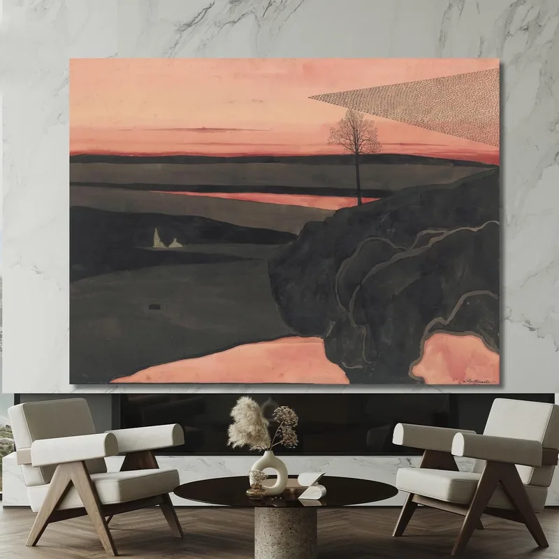 Paisaje Bajo El Resplandor Rojo Del Atardecer Con Aves Migratorias Léon Spilliaert
