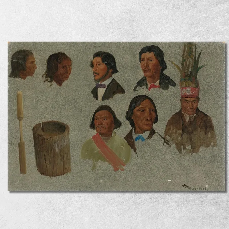 Sieben Indische Porträts Und Ein Primitives Utensil Albert Bierstadt