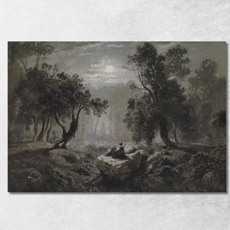 Un Paesaggio Forestale Romantico Al Chiaro Di Luna Oswald Achenbach quadro stampa su tela