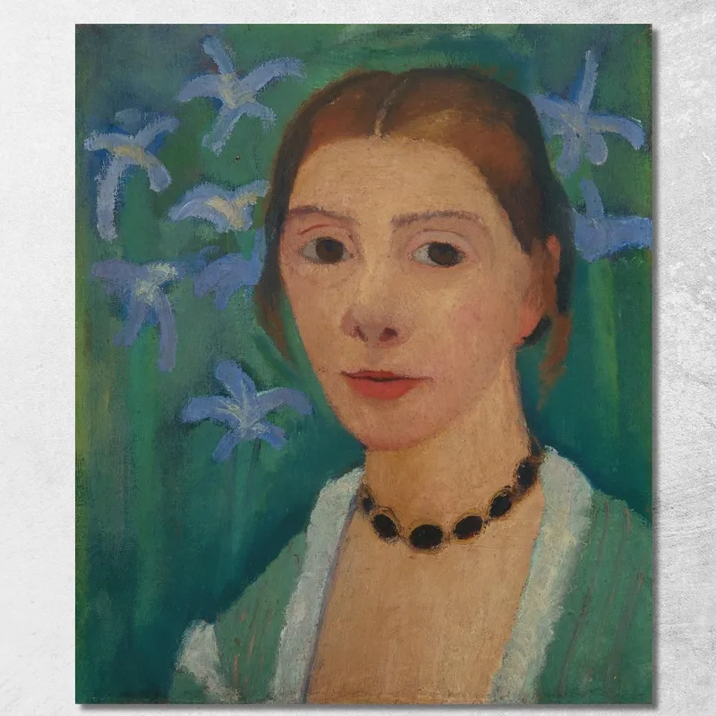 Autorretrato Frente A Un Fondo Verde Con Un Iris Azul Paula Modersohn-Becker