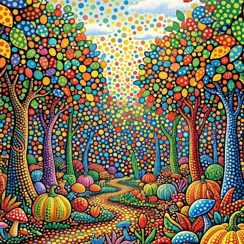 Yayoi kusama leinwanddruck lebendiger gestippter waldweg