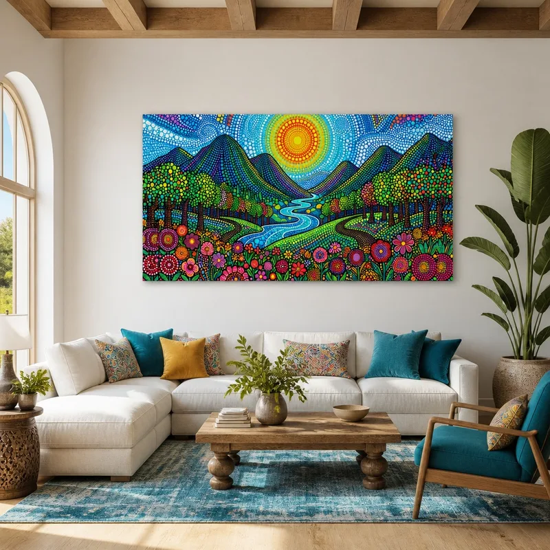 Paisaje vibrante de puntos yayoi kusama cuadro moderno