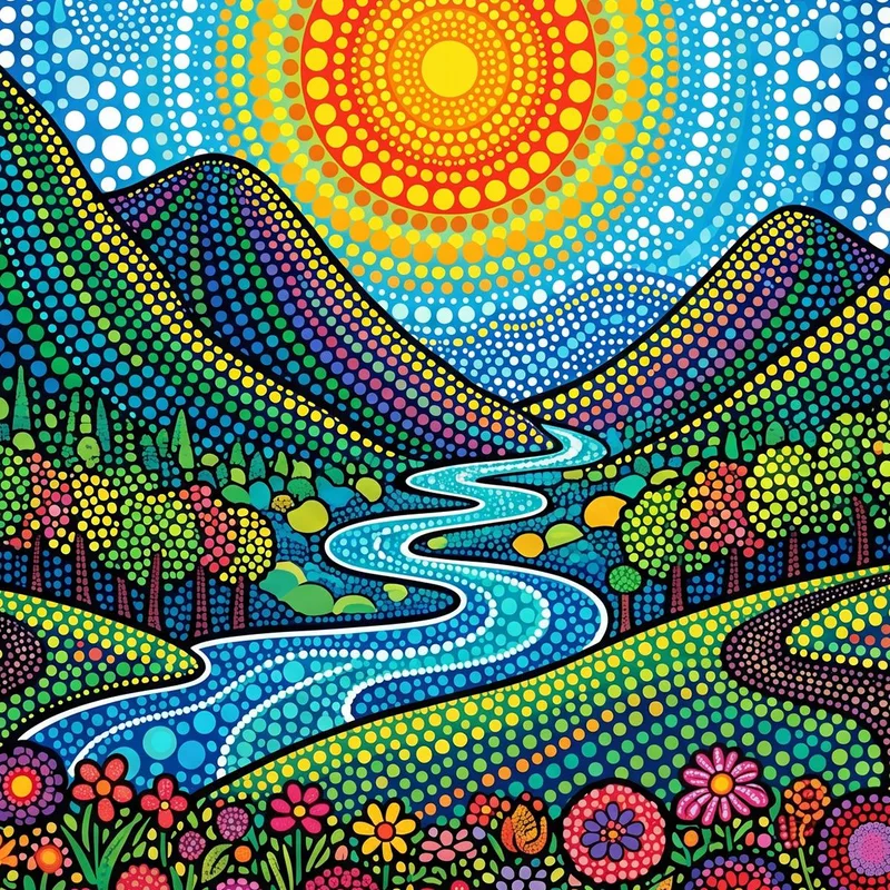 Paisaje vibrante de puntos yayoi kusama cuadro moderno