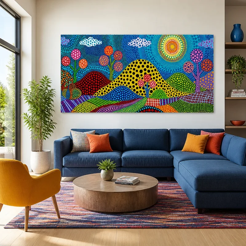 Paisaje de pop art puntiado yayoi kusama cuadro en lienzo