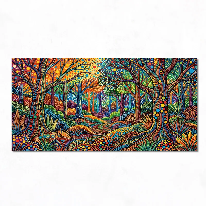 Yayoi kusama cuadro moderno paisaje de bosque vibrante con puntos