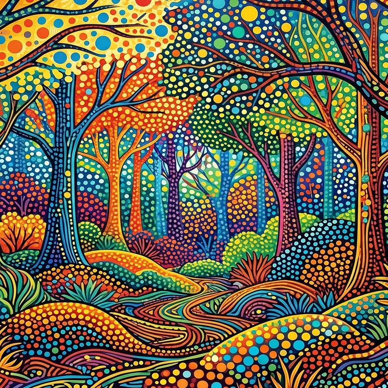 Yayoi kusama cuadro moderno paisaje de bosque vibrante con puntos