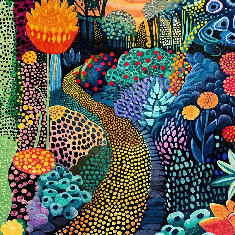 Sendero botánico vibrante yayoi kusama cuadro en lienzo