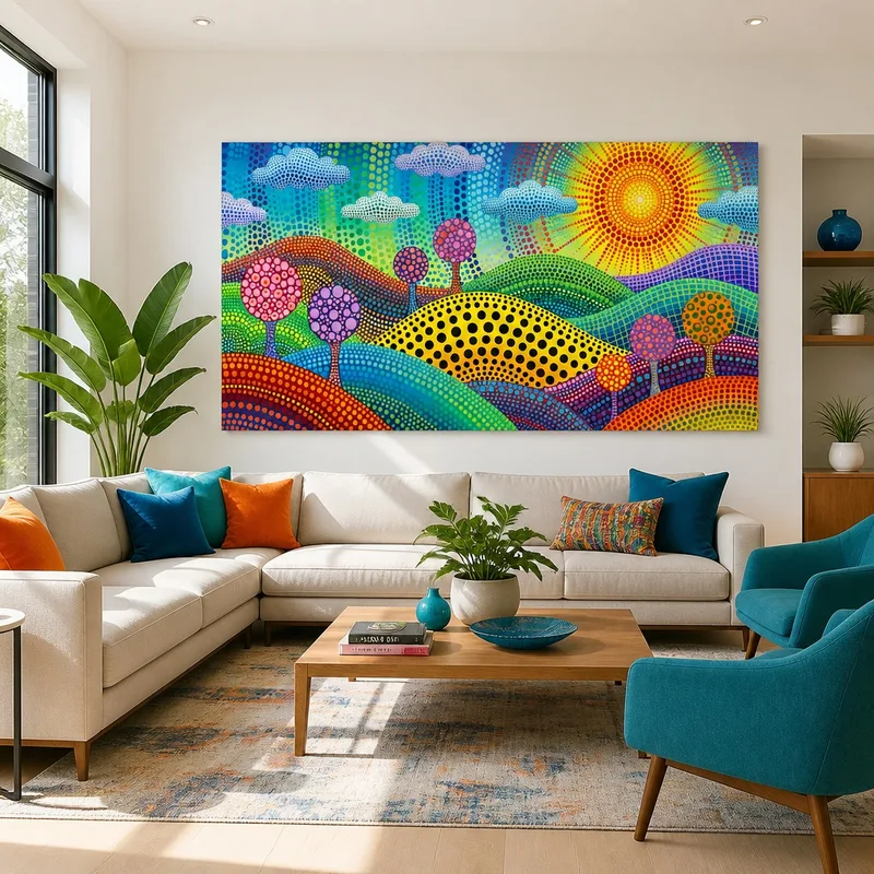Paisaje de puntos vibrantes yayoi kusama cuadro en lienzo