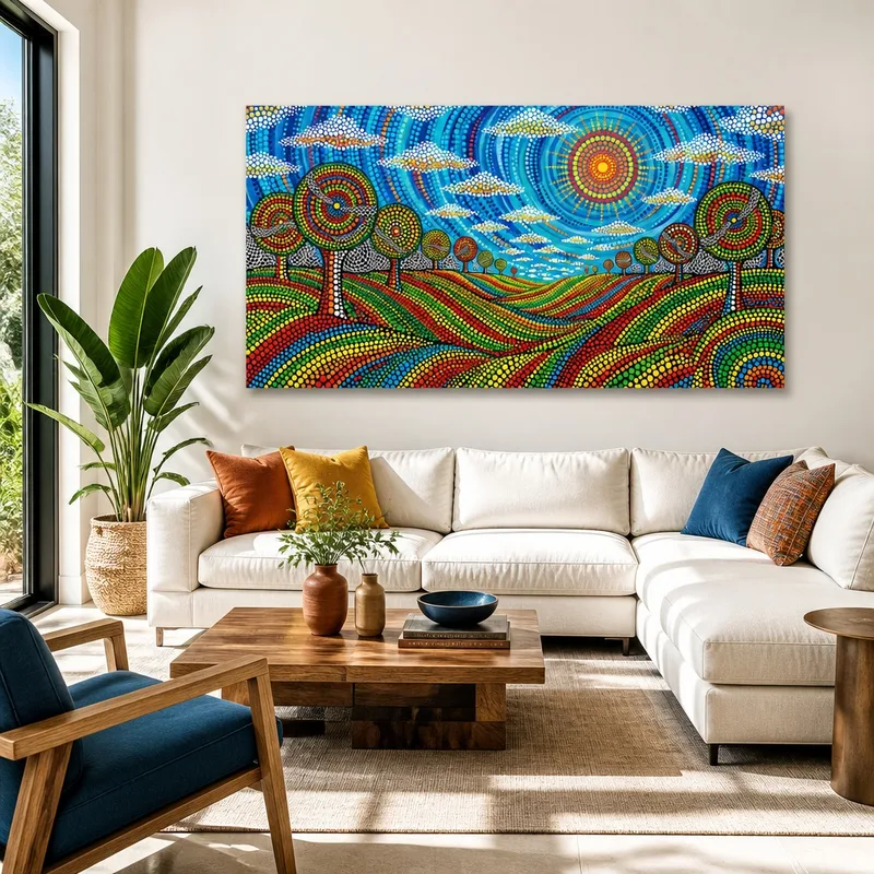 Yayoi kusama impresion en lienzo paisaje vibrante con puntos