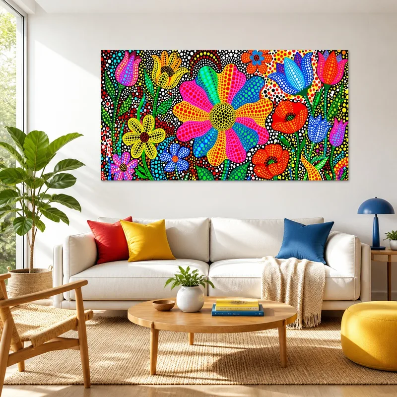 Yayoi kusama toile artistique art en points de fleurs vibrantes