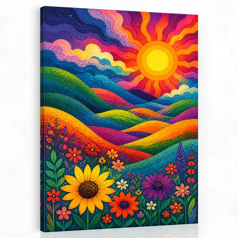 Yayoi kusama tableau moderne lever du soleil vibrant sur des collines fleuries