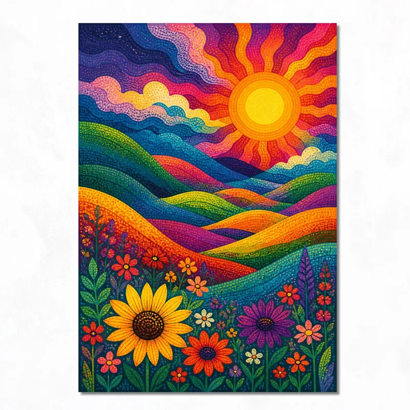 Yayoi kusama tableau moderne lever du soleil vibrant sur des collines fleuries