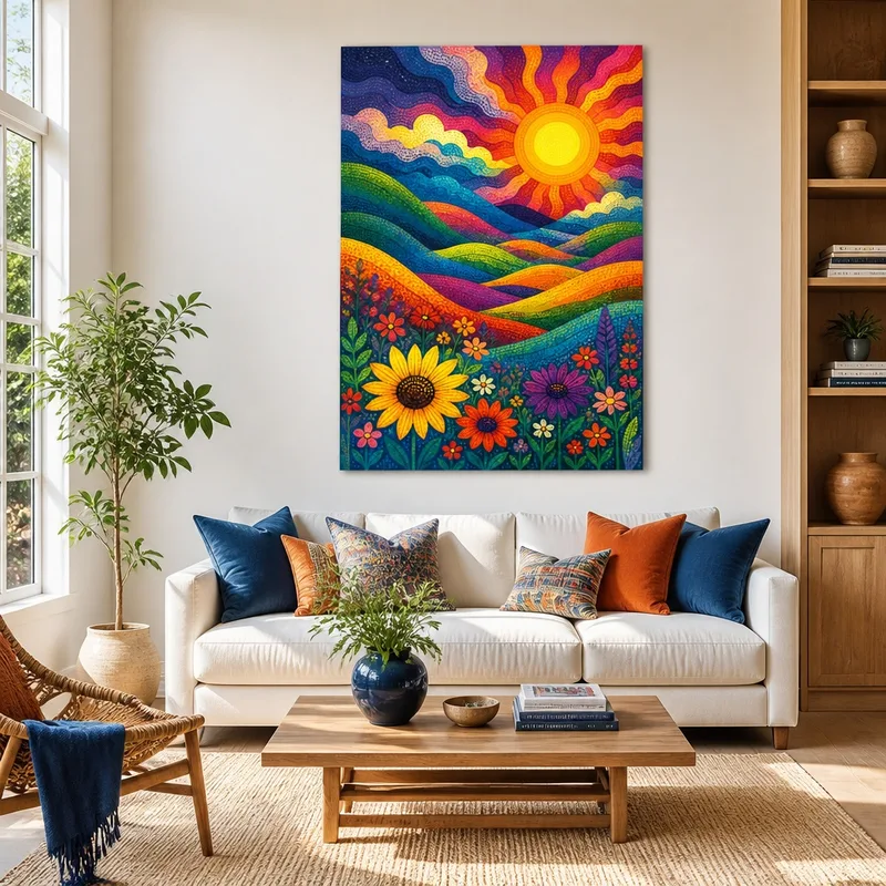 Yayoi kusama tableau moderne lever du soleil vibrant sur des collines fleuries