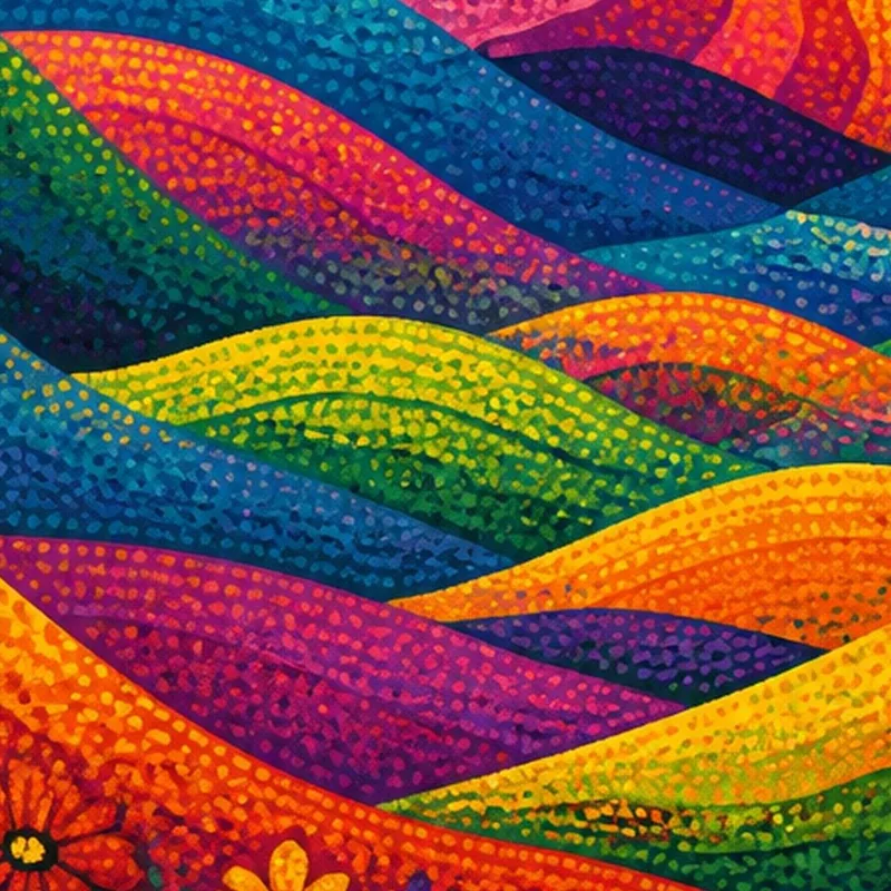 Yayoi kusama tableau moderne lever du soleil vibrant sur des collines fleuries