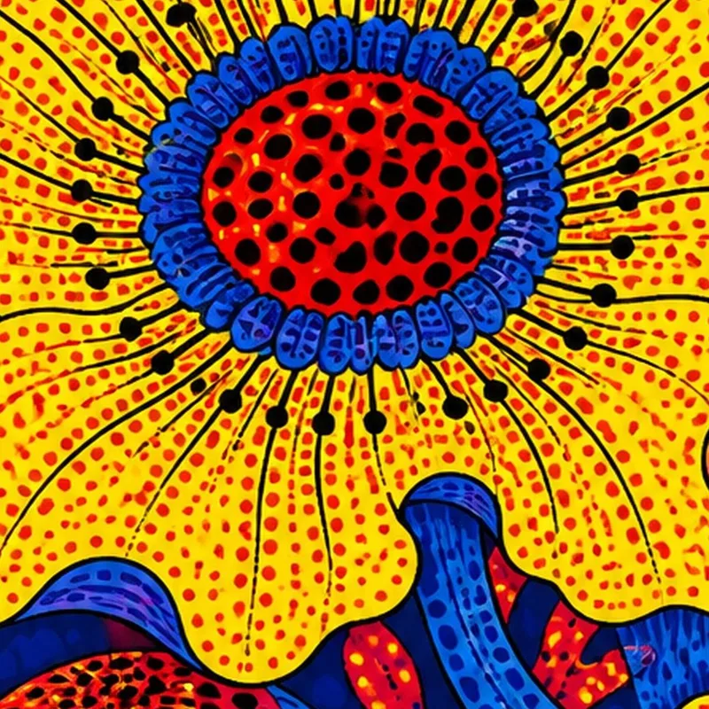 Yayoi kusama tableau moderne abstraction florale jaune et bleue audacieuse