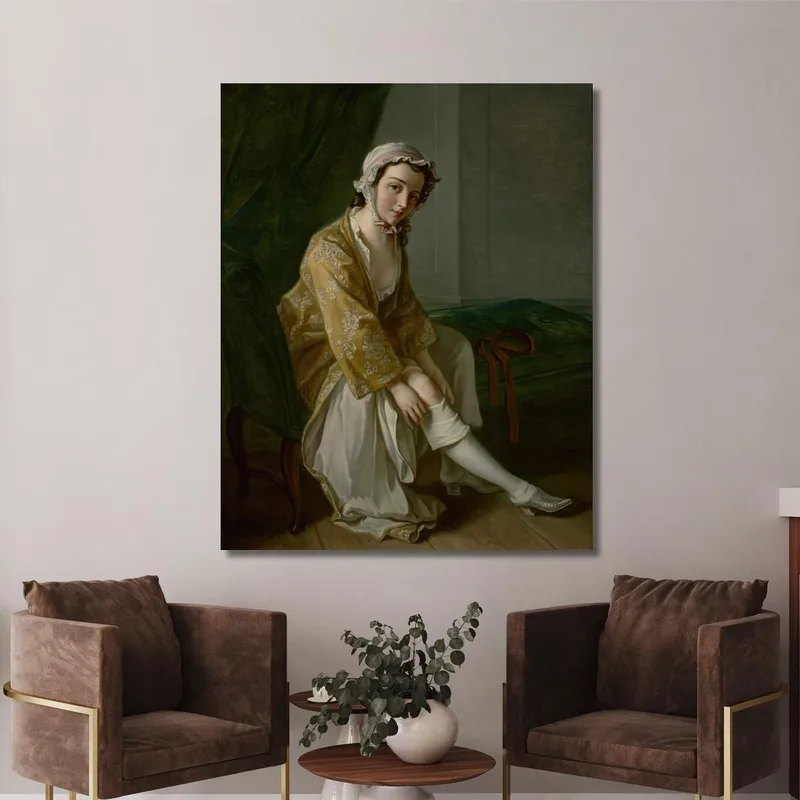 A Young Woman Pulling On Her Stocking Philippe Mercier