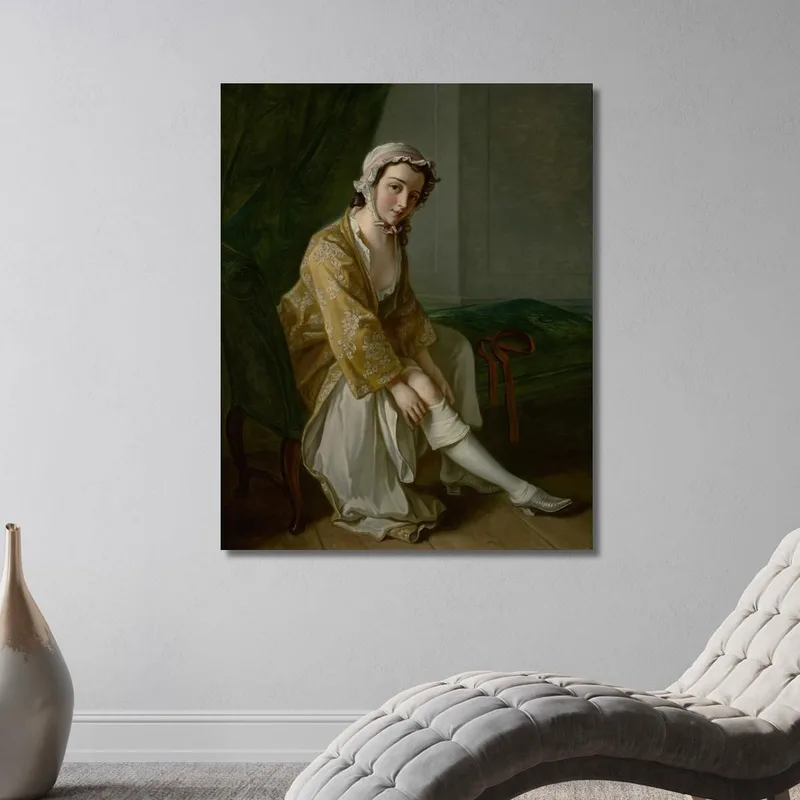 A Young Woman Pulling On Her Stocking Philippe Mercier