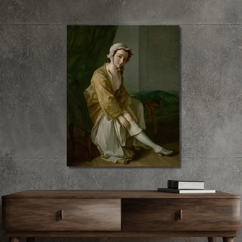A Young Woman Pulling On Her Stocking Philippe Mercier