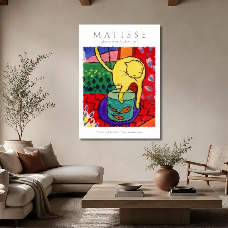 Kunstdruck gelbe katze mit fisch