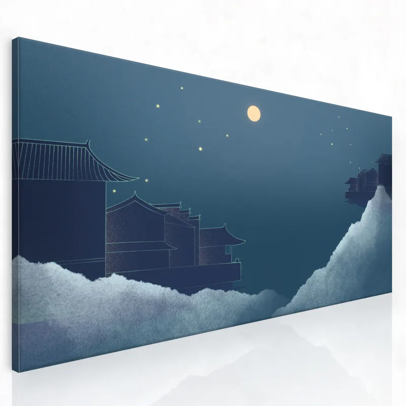 Lienzo artistico pueblo iluminado por la luna sereno