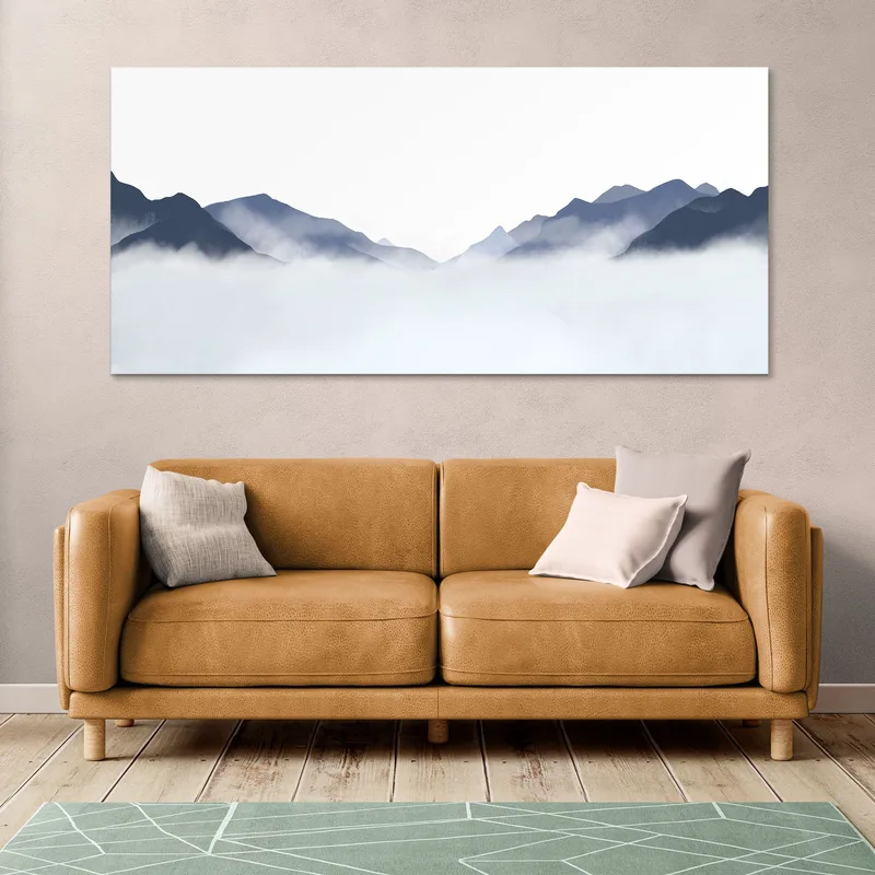 Pintura De Paisaje Abstracto Paisaje Montañoso Brumoso Azul Y Blanco Minimalista