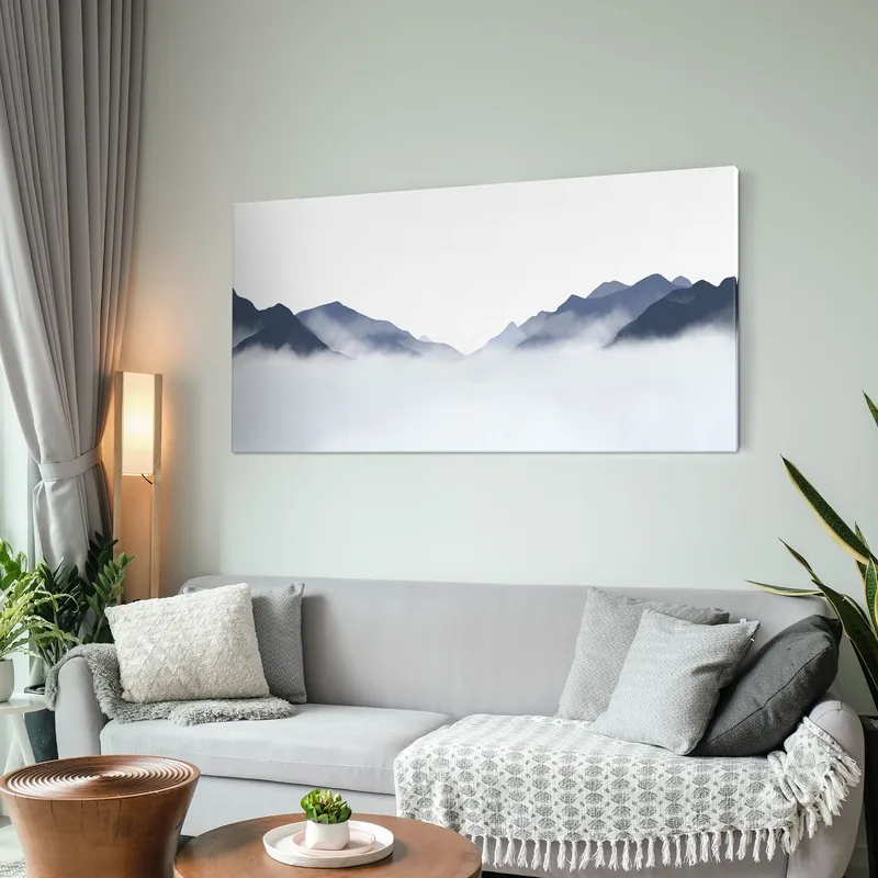 Pintura De Paisaje Abstracto Paisaje Montañoso Brumoso Azul Y Blanco Minimalista